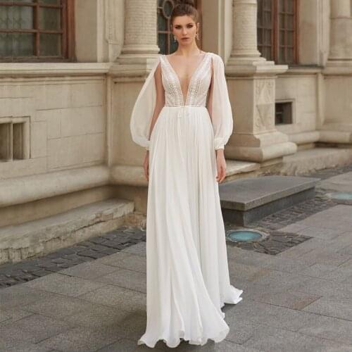 2021 New Charming Boho Chiffon Long Sleeves Bridal Wedding Dresses Lace V Neckline Wedding Gowns for Bride Back Out On Sale