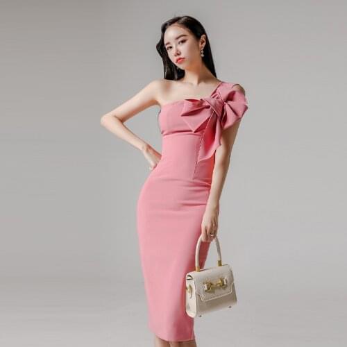 New arrival fashion summer midi party dress women OL professional temperament sweet sexy bow strapless pink slim pencil dress