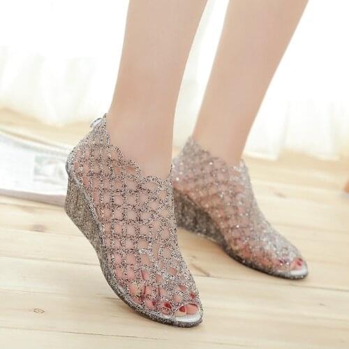 New fashion fish mouth sandals wedge with thick crystal jelly shoes high-heeled hollow beach womens shoes