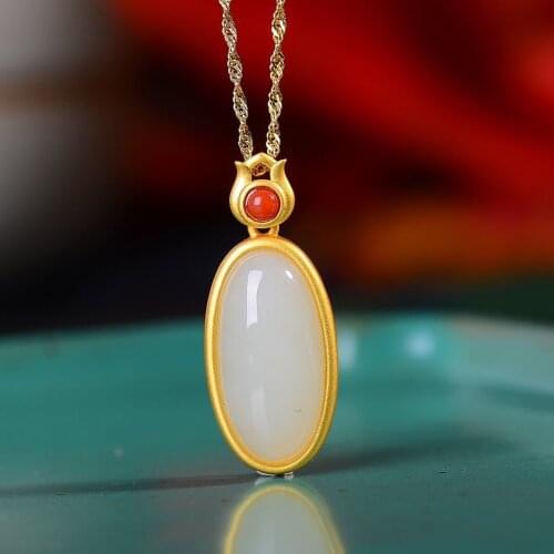 Natural Hetian Jade Oval Pendant White Jade South Red Pendant Clavicle Chain S925 Sterling Silver Inlaid Gilding Craft Ornament