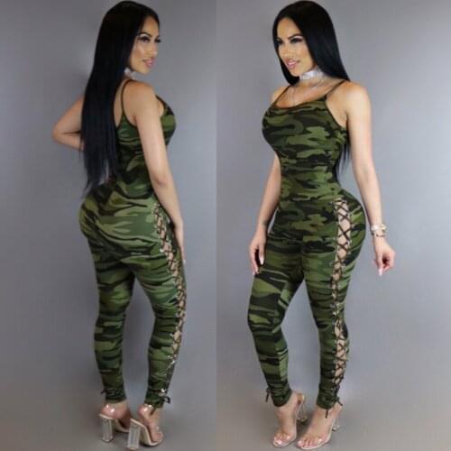 Sexy Skinny Camouflage Double-sided Hollow Eyelet Sleeveless Jumpsuit Womens Jumpsuit Walking Streetwear Nightclub Jumpsuit