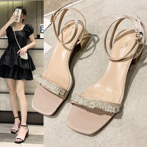 Square Head Thick Heel Sandals Fashion Black Summer Sandals Open Toe Shoes Korean Beaded Pumps High Heels Gladiator Shoes