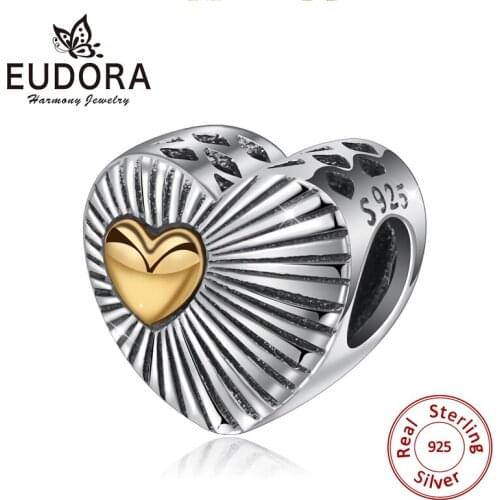 Eudora High Quality 925 Sterling Silver Gold Stone Heart to Heart Beads Charms fit Women Bracelets & Necklaces Fine Jewelry Z115