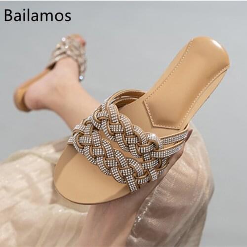 Bailamos 2021 Fashion Open Toe Weave Female Flip Flops Women Slippers Crystal Bling Ladies Flat Outdoor Slides Causal Woman Shoe
