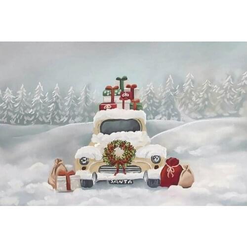 Snow Scenery Winter Forest and Car Happy Birthday Backdrop Holiday Party Room Decor Photo Booth Studio Prop