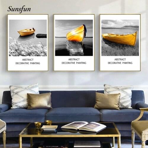 Sunsfun Sea Landscape Modern Art Poster Print Golden Sailboat Seagull Wall Picture Nordic Canvas Painting Home Decor