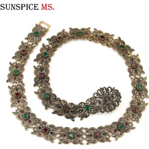 Sunspicems Elegant Moroccan Caftan Belt For Women Ethnic Wedding Jewelry Metal Hollow Flower Link Chain Adjustable Length