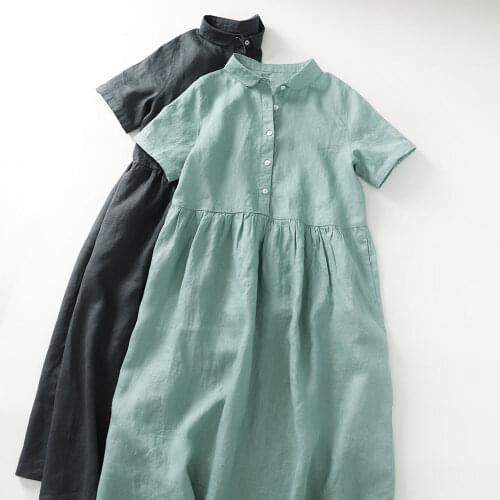 Thin linen age-reducing doll collar short sleeve dress 2020 cotton linen womens shirt collar long dress 526