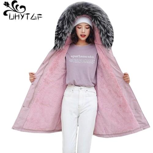 UHYTGF Womens clothing winter 2019 down jacket parkas mujer Fur collar hooded 3XLOversized tops outerwear chamarras de mujer 396