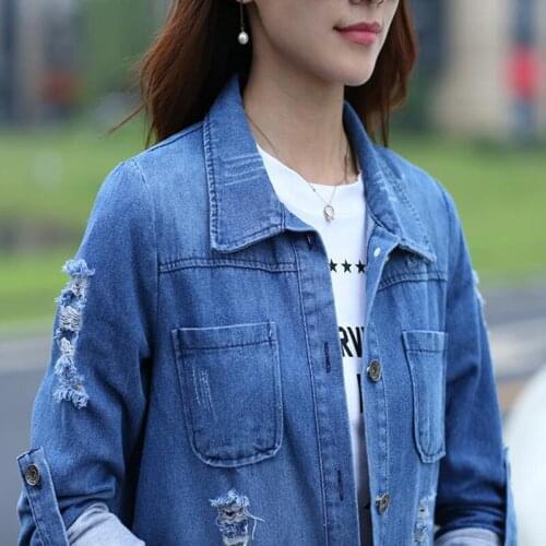Thin Denim Jacket Hole Windbreaker Female Spring Autumn Korean Coat Version Of The Long Section Large Size Long Sleeve Casual