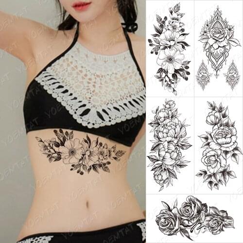 Waterproof Temporary Tattoo Sticker Jasmine Orchid Flower Tattoos Peony Lotus Lines Flowers Rose Body Art Arm Fake Sleeve Tatoo