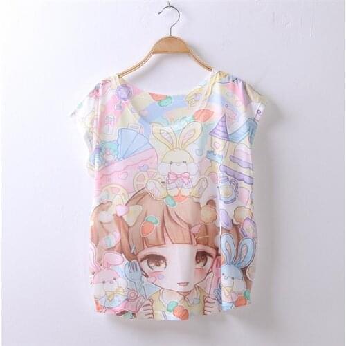 Ayumi Girls Short sleeve T shirt Fashion Cute Harajuku Kawaii T-shirts Japanese style Character Printed Cartoon Cat Tops