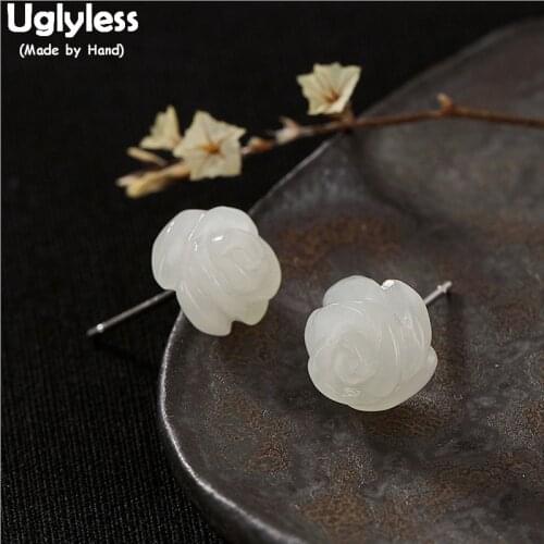Uglyless 100% Real Natural Jade Flower Stud Earrings for Women Handmade Floral Studs Solid 925 Sterling Silver Fine Jewelry Gems