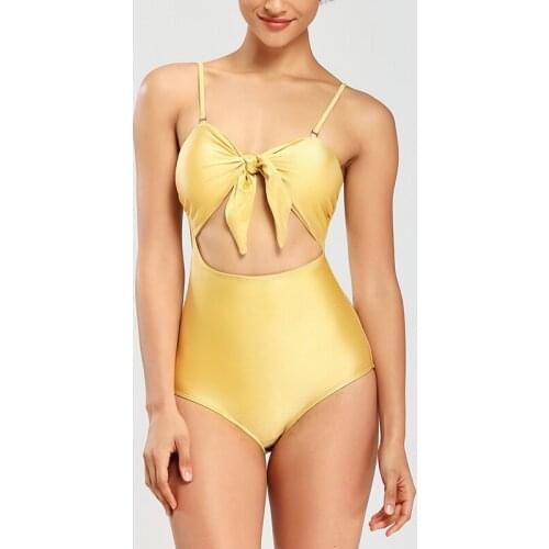 VSUE Women Gold Swimwear Swimsuit Triangle One Piece Suits Bow Neck Solid Hollow Out Beach Wear Y0013