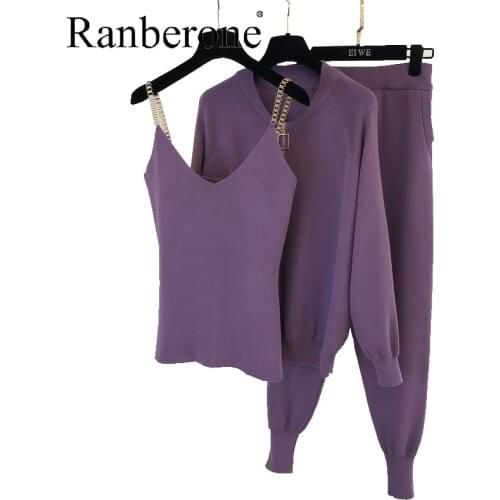 Ranberone 3 Piece Women Suit Tracksuit Winter Sport Vest Knitted + Zipper Jacket + Elastic Pants Fashion Female Sweatshirt Set