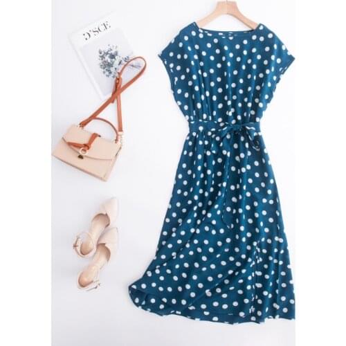 Womens 100% Pure Silk blue dots Long Dress short sleeve round neck belt one size JN386