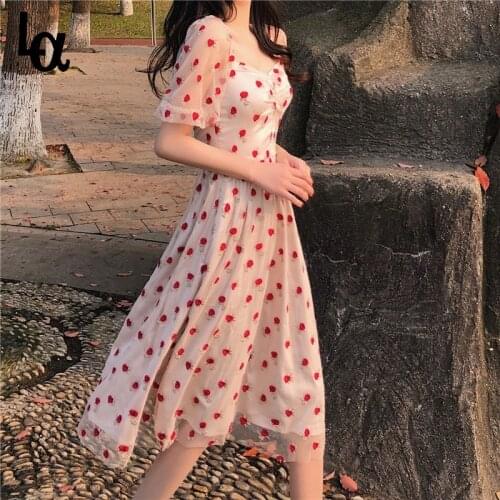 Luck A Summer Elegant Point Lace Party Dress Lady Short Sleeve France Fashion Dress Female A-line High Waist Vestidos