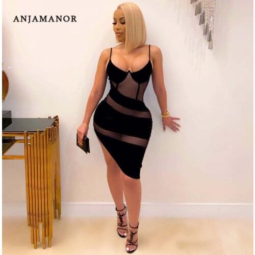ANJAMANOR Mesh Patchwork Sexy Bandage Dresses for Women 2021 Party Club Wear Black Deep V Neck Asymmetric Bodycon Dress D35-CF17