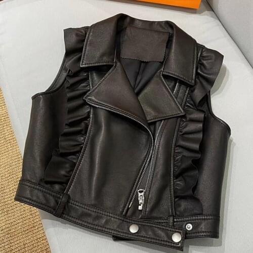 Genuine Leather Vest Waistcoat Solid Women Motorcycle Vest 2021 Spring Autumn New High Quality Sleeveless Zipper Vests Tops