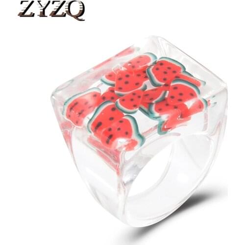 ZYZQ Cute Resin Transparent Watermelon Ring For Women Girl Geometric Acrylic Fruit Rings Size 8 Jewelry Accessories Wholesale