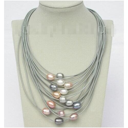 17 "-24" 15row 14mm violet Gris rose blanc perles en cuir collier >>>Free Shipping
