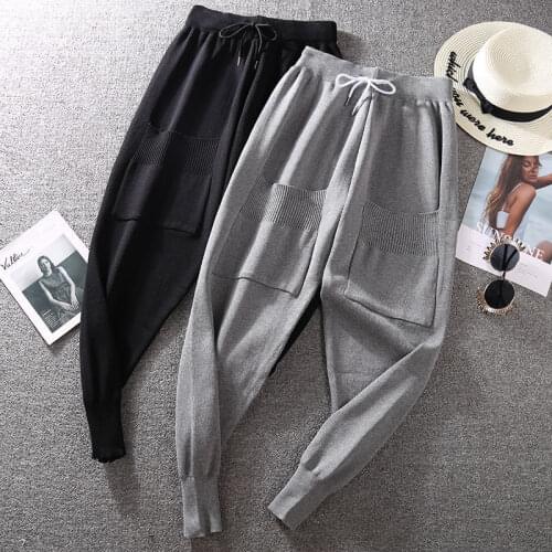 2021 Soft Knitted Pants Women Autumn Winter Pocket Harun Pants Thick High-waisted Pants Womens Pants Casual Knit Trousers Y102