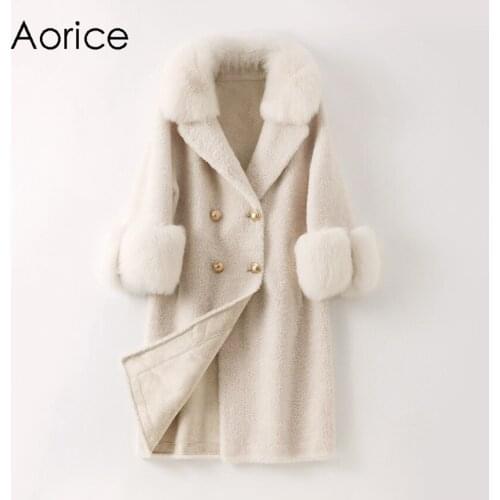 Aorice women real fox fur collar jacket coat female wool fur long trench plus size parkas coats jackets H625