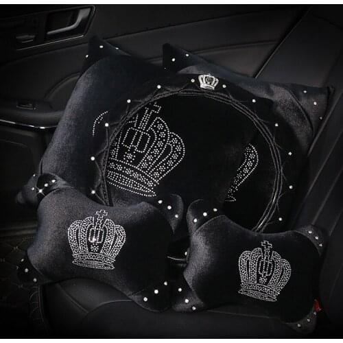 Crystal Crown Plush Car Seat Interior Accessories Steering Wheel Covers Headrest Neck Handbrake Gear Shift Cover