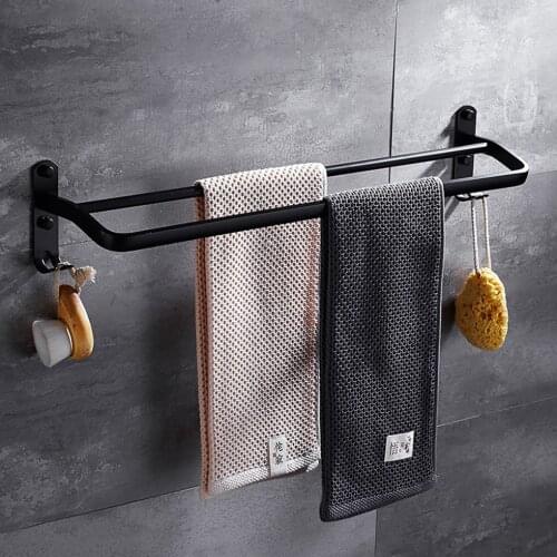 Black Double Towel Racks for Bathroom Storage Space Saver Organizer Wall Mounted Bathroom Towel Holder with 4 Hooks