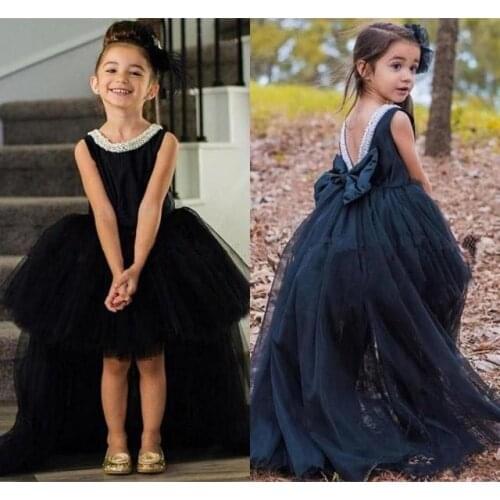 Black Flower Girls Dresses Black High Low Girls Birthday Party Dresses Long Train Girls Black Birthday Celebrity Dresses Custom