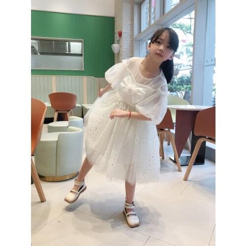 Children Girls Party Dress Summer White Puff Middle Sleeve Lace Big Bow Sweet Tulle Tutu Party Kids Birthday Formal Dresses