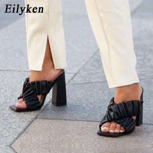Eilyken New Women Slipper Summer Outdoor Sandals Square Toe Thick High Heel Fashion Cozy Pleated Pu Leather Elegant Slides Shoes