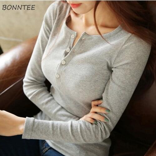 T-shirts Women Solid V-Neck Slim Elegant Korean T Shirt Trendy Simple Long Sleeve Casual Womens Tops Ladies Cute All-match Daily