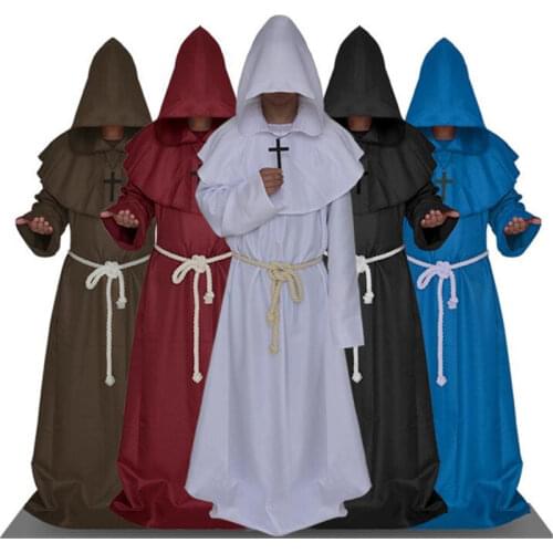 Halloween Medieval Monk Costume Monk Long Hooded Robe Set Sorcerer Priest Costume Christian Church Priest COS Garment Stage Gown