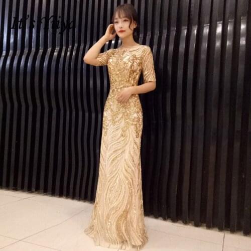 ItsYiiya Evening Dress O-neck Gold Shiny Sequins For Women Formal Gowns Short Sleeve Mermaid Dresses 2020 Robe De Soiree K163