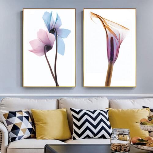 Modern Transparent Purple Flowers Canvas Art Painting Poster and Print Green Vein Wall Art Cuadros for Living Room Tableau Salon