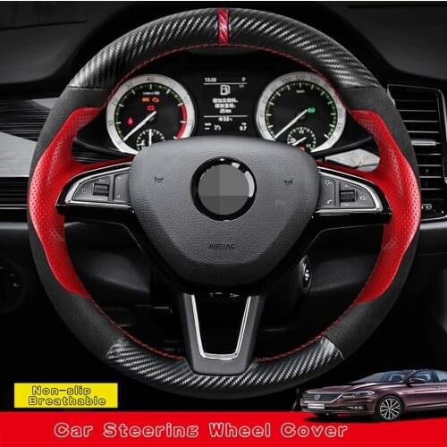 DIY Hand-stitched Black Non-slip Breathable Genuine Leather Car Steering Wheel Cover For Skoda Karoq Kodiaq scout Yeti 2017 2018