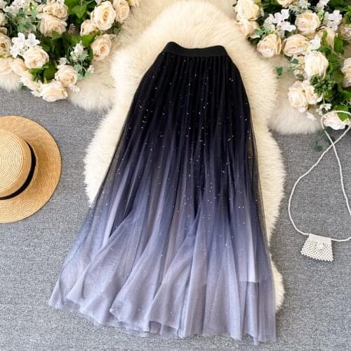 Tender Fashion Bling Bling Long Mesh Skirt Women All-match Seasonal Chic Mesh A-line Skirt