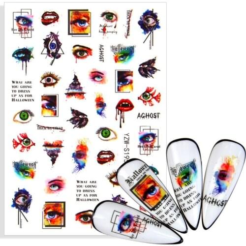 2021 NEW Skull Bone Nail Stickers Water Self Adhesive Slider Tattoo Big Eye Horror Decals for Halloween Nails DIY Decorations