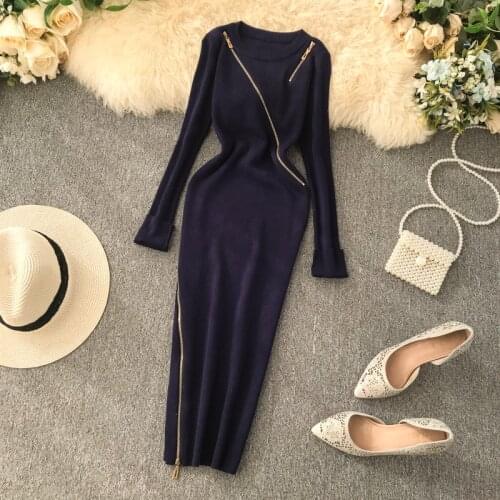 Slim 2021 Zipper Autumn Dresses Winter Bodycon Knitted Sweater Midi Pencil Dress Party Knee Length Women Casual Office Vestidos
