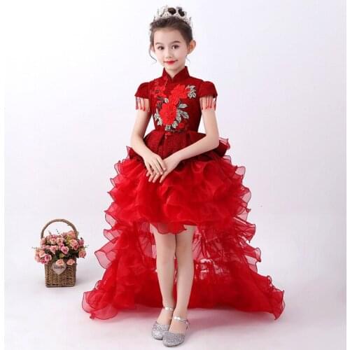 Girl Red Tailing Embroidery Cheongsam Dress Kids Piano Chinese Wedding Evening Dresses Long Qipao Christmas Children Clothes