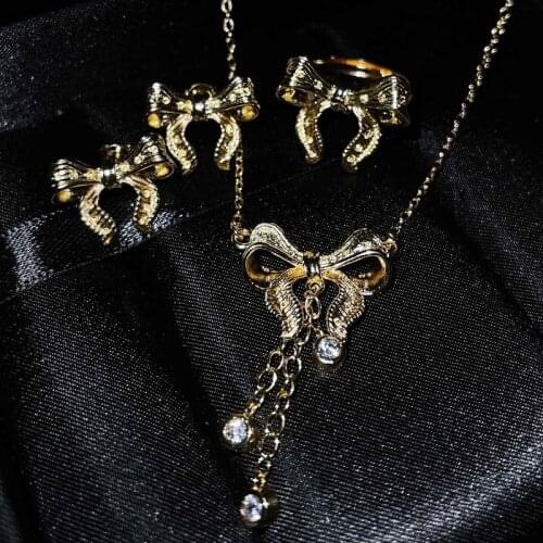 New Fashion Bowknot Tassel Pendant Necklace Charm Piercing Earrings Golden Ring For Women Wedding Cocktail Party Elegant Jewelry