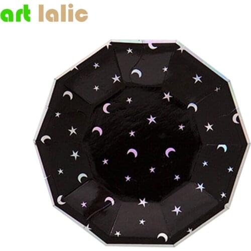Silver Foil Moon Stars Black Paper Plates Cups Napkins Party Tableware Straw High Quality Birthday Bridal Party Decoration