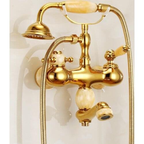 Soild Brass & Jade Bathtub Shower Faucets Set Hot & Cold Bath Mixer Taps With Handheld Wall Mounted Dual Handle Gold Finished