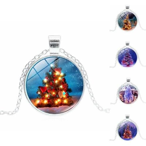 Vintage Jewelry with Glass Cabochon Christmas Tree Shaped Choker Long Pendant Necklace for Women Party Gift