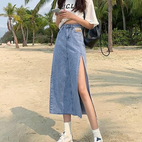 Sexy Single Slits Denim Skirt Women Summer High Waist A-line Casual Skirts Female Fashion Korean Vintage Midi Skirt Streetwear