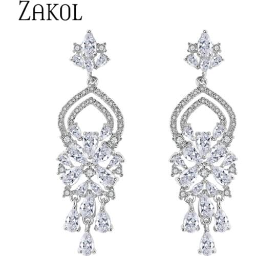 ZAKOL New Fashion Chandelier Shape CZ Stone Women Wedding Jewelry Drop Earring Dangle Brincos Wholesale Price FSEP551