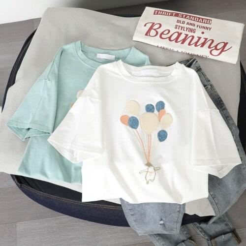 Short-Sleeved Female 95 Cotton T-Shirt Summer O-Collar Printing Casual Solid Color Korean Womens T-Shirt Women 2020 New