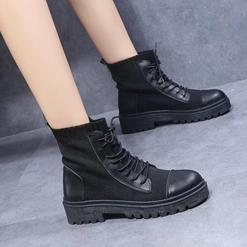 Women Black Boots Square Med Heel Women Boots Lace Up Patchwork Femmes Bottes Platform PU Winter Boots Women Botas Size 35-43