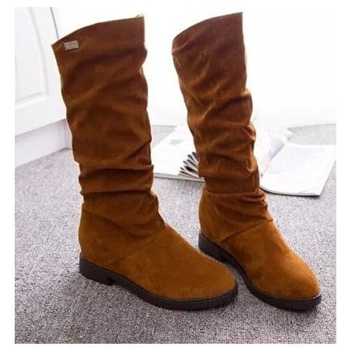 Hot 2019 New Women Boots Square Heels Round Toe Mid-Calf Boots Woman Shoes Suede Leather Female Autumn Winter Boots Black RED